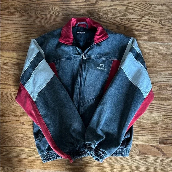 Balenciaga Black Denim Bomber Jacket with Red Accents - Picture 1 of 7